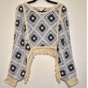 House of Harlow 1960 Crochet Shrug Top Sweater Granny Square Fringe Boho 70s OS